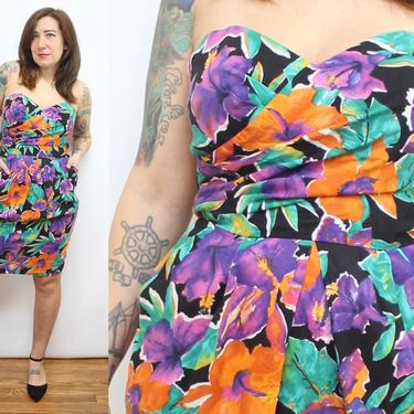 Vintage 80's Tropical Floral Strapless Party Dress with Pockets / 1980's Spring Summer Floral Dress / Women's Size Small - Medium 