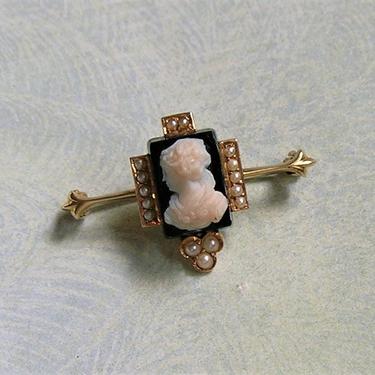 Antique 14K Gold Edwardian Onyx and Pearl Cameo Pin, Old Cameo Pin, Antique Pearl Brooch Pin, 14K Gold Pearl Pin (#3913) 