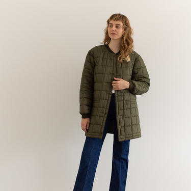 Vintage Green Liner Jacket | Quilted Nylon Snap drawstring Coat | Camping | L | 
