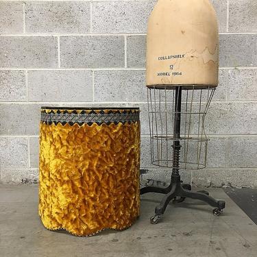 LOCAL PICKUP ONLY Vintage Barrel Lampshade Retro 1970's Gold Furry Cylinder Shade with Scalloped Edge and Black Trim for Table Top Lamp 