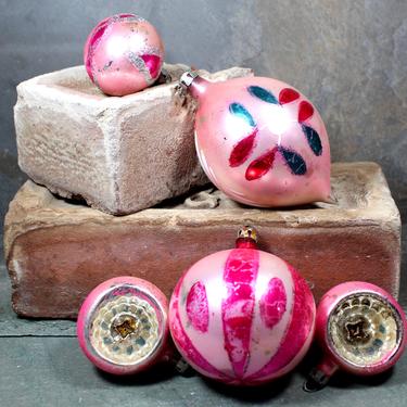 Set of 5 Polish Mercury Glass Christmas Ornaments for Your Vintage Christmas Tree! - Pink/Fuchsia Indent, Round and Teardrop Hand Painted 