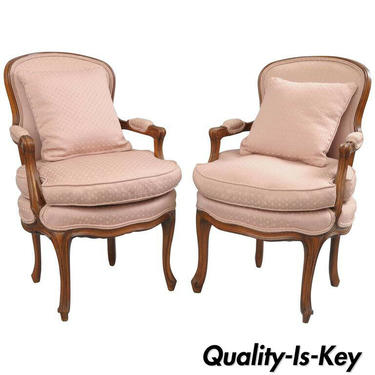 Pair of Country French Provincial Louis XV Style Arm Chairs Pink Carved Walnut