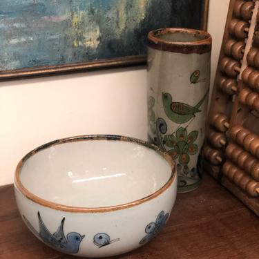 Vintage Mid Century Modern Hand Painted Signed Studio Pottery Set Mexico Retro Deco Handmade Floral Bird Blue Green Bowl Vase Ceramics 