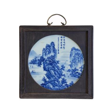 Chinese Wood Frame Porcelain Blue White Scenery Wall Plaque ws1952AE 