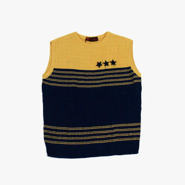 Vintage Tricot Tank Top - Star Applique - Navy Blue Yellow - Stripe - Sailor - T - Shirt - Embroidered - Scoop Neck  - Medium 