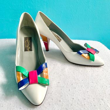 Fabulous Heels, Vintage 80s Leather Shoes, Big Bow, Bright Colors, Made in Spain 