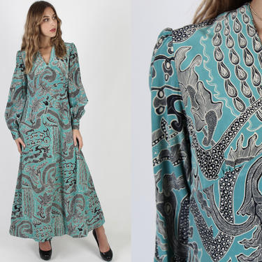 Teal Peacock Print Maxi Dress / Vintage 80s Ethnic Batik Silk Dress / Deep V Neck Aqua Floral Birds Long Womens Dress 