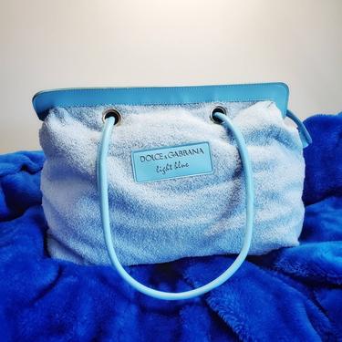 HUGE Dolce &amp; Gabbana Terrycloth Light Blue Perfume Purse. Vintage. Like New! Terry Cloth Tote Bag. Beach Bag. Fluffy Purse 