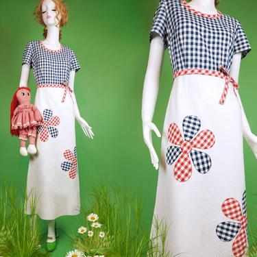 Vintage maxi dress from the 70s.  Red white & blue gingham with daisies. (Size M/L) 