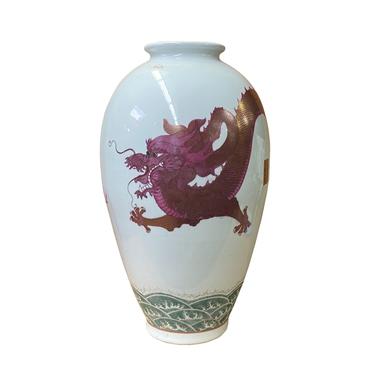 Oriental White Porcelain Burgundy Red Golden Dragon Graphic Vase ws1319E 