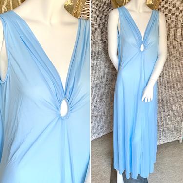 Vintage Night Gown, Grecian, Draped, Lucie Ann, Train Effect, Empire, Deep-V, Light Blue 