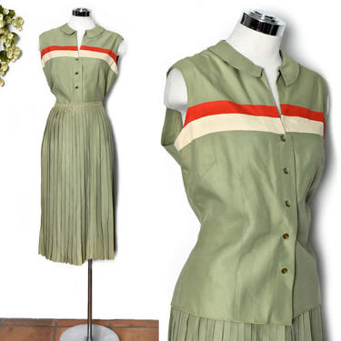 SET- 30's Vintage Dress, Green, Suit, Pleated Skirt, blouse, 1920's, 1930's Flapper, 1940's Pleats WWII Dress, full skirt 