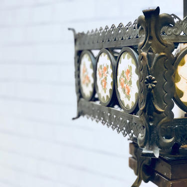 Vintage Light Fixture | Spanish Italian Gothic Style | Floral Ceramic Tile | Wrought Iron Swag Light | Black Iron Light | Plug-in Light 