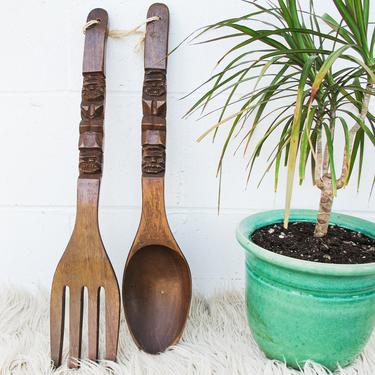 Vintage Hanging Mid-Century Modern Hand Carved Wood Fork and Spoon 