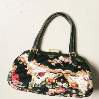 1960s Purse Dark Floral Tapestry Hand Bag 