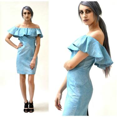 Vintage Leather Dress Ruffles Off The Shoulder Blue Size Small// 90s Body Con Dress Leather by Michael Hoban North Beach 