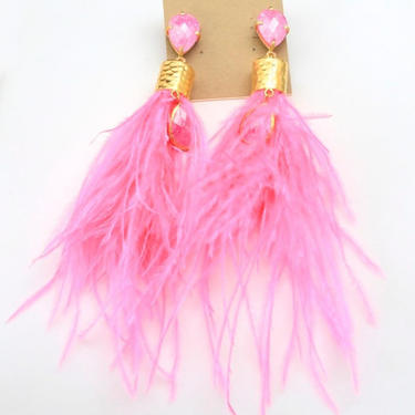 Stunning Large Pink Quartz Bright Long Feather Earrings Dangle Hammered Gold 