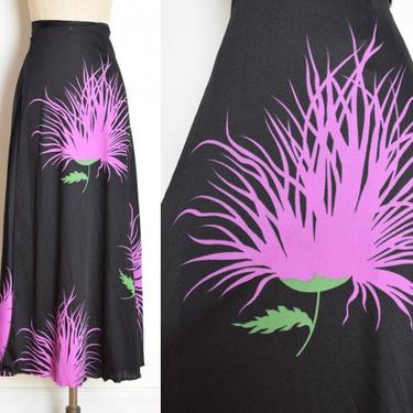 vintage 70s wrap skirt black purple Hawaiian print orchid high waisted sarong clothing 