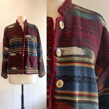 90’s Vintage INDIAN BLANKET Jacket / Blanket Stitch Trim + Carved Buttons + Pockets  / Timbuktu/ Made in India 