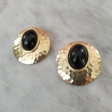 Vintage Round Brass Earrings / Hammered Brass Statement Earrings / Black Cabochon Earrings for Pierced Ears / Boho Indie Style Jewelry 