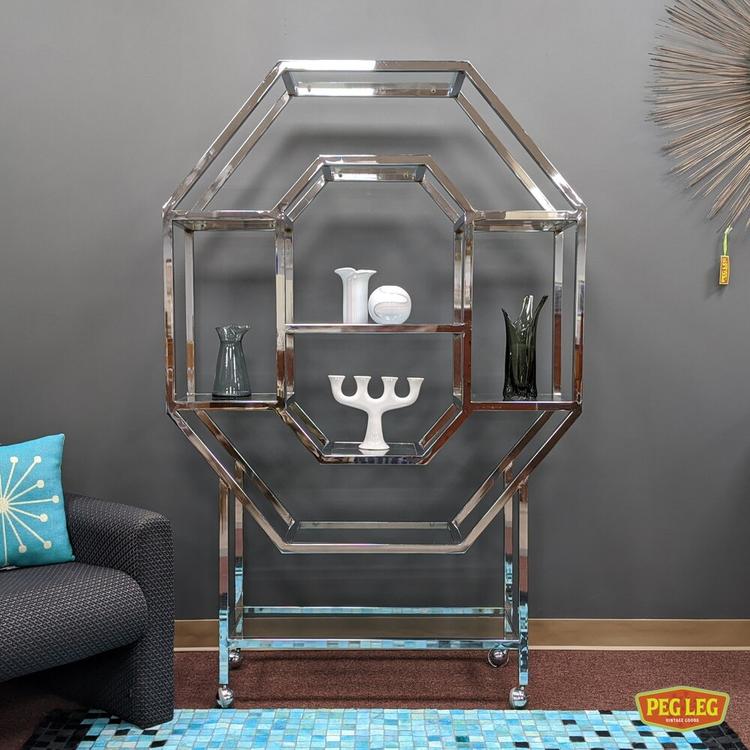 Vintage polygonal etagere with chrome frame and glass shelves
