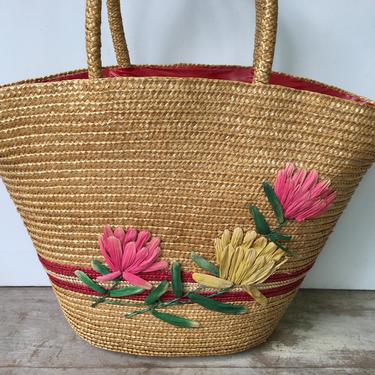 Vintage Straw Beach Bag, Lotus Blossom Straw Beach Tote, Summer Hand Bag, Pool Bag 