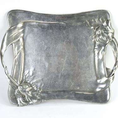 Vintage French Art Nouveau Pewter 2-Handled Serving Tray w Tulips 