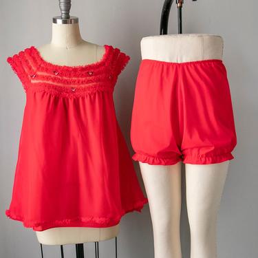 1960s Lingerie Set Red Chiffon Shorts S 