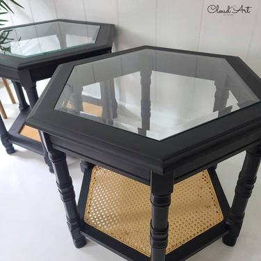 Vintage Cane Rattan Furniture Glass Top Two Tiered End Tables Black Boho Modern Living Room Set Maryland 80s Retro Painted SHIPPING NOT fREE by CloudArt