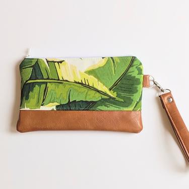 Green Palm Wristlet: Small Bag, Wristlet Clutch, Bridesmaid Gift, Phone Wristlet 