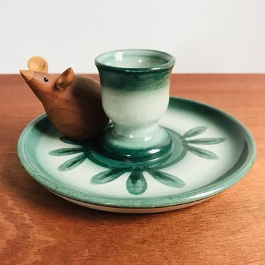 Vintage ceramic candleholder / teal green and white handmade boho decor 