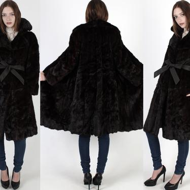 Mahogany Mink Coat With Matching Belt / Vintage 70s Espresso Trench Style Jacket / Womens Belted Huge Collar Princess Coat 
