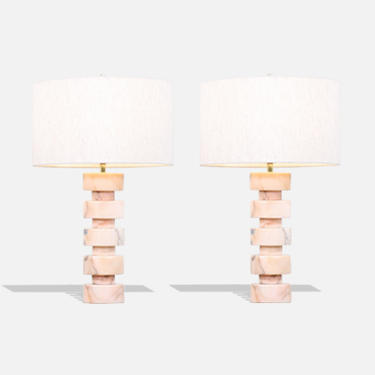 Mid-Century Modern Stacked Pink Carrara Marble Disc Table Lamps