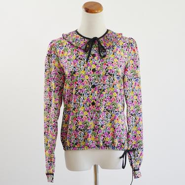 Vintage Pullover Top, Ruffle Floral Shirt, Long Sleeve Flower Print Button Down, Medium 