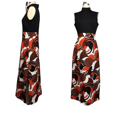1970s Black, Orange and White Op Art Print Hostess Gown Maxi Dress 