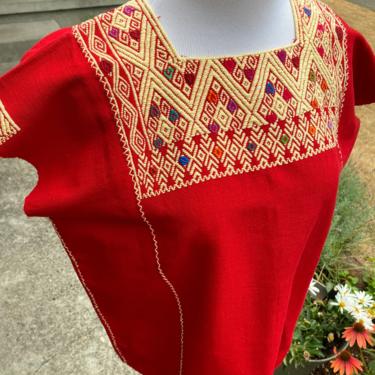 Vtg Guatemalan ethnic dyed Huipil tunic top~ woven textile cotton boxy blouse~ handmade bright red with yellow top stitching~ boho hippie 
