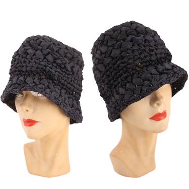 20s black crochet CLOCHE hat  / vintage 1920s ribbon knit flapper Deco party hat 30s 
