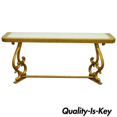 Vintage Hollywood Regency Gold Leaf Greek Key 66" Long Glass Top Console Table