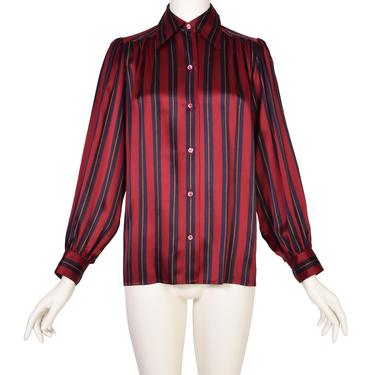 Yves Saint Laurent Vintage Maroon Navy Striped Silk Charmeuse Button Up Shirt