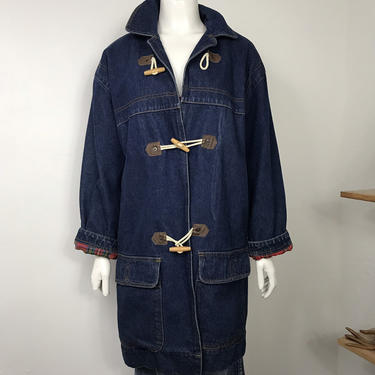 Vtg 70s 80s dark denim plaid toggle coat jacket 
