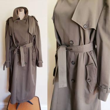 Vintage Christian Dior Trench Coat Men's Rain Coat / 1980s Designer Olive Green Coat Military Style / Large 46L / Pierre 