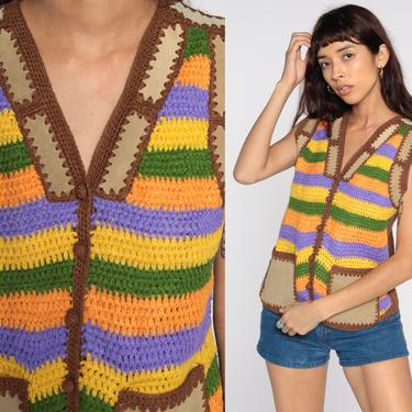 Crochet Knit Vest Boho SUEDE Vest Top 70s Bohemian Striped Shirt Leather Hippie 1970s Vintage Bohemian button up Sleeveless Brown Medium 