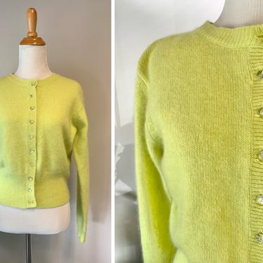 Vintage 1990s Lime Neon Yellow Angora Cardigan Sweater | Size Medium 