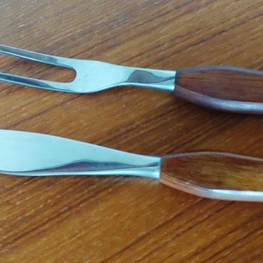 Mid Century Modern Stainless Carving Set w Wood Handles 