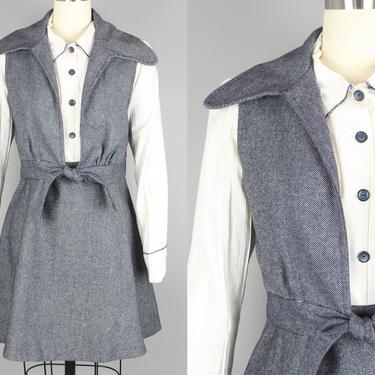 1970s Mini Dress & Vest Set · Vintage 70s Deadstock Blue-Grey and White Shirtwaist Dress · Medium 