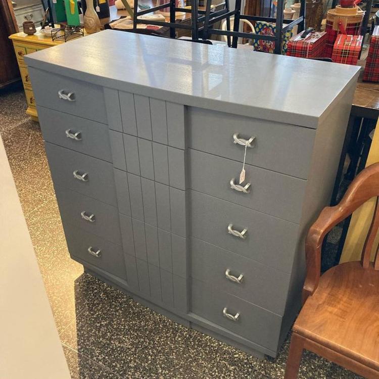 Gray painted mid century chest of drawers. J.B VanSciver Co. 42” x 19” x 42”