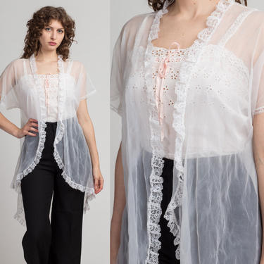 Vintage Sheer White Lingerie Robe - One Size | 80s 90s Lace Peignoir Boho Top 