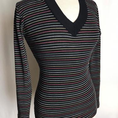 70’s knit top~ V neck snug sweater shirt~ striped black~ stripes body hugging 1970’s hipster hippie~ size Medium 
