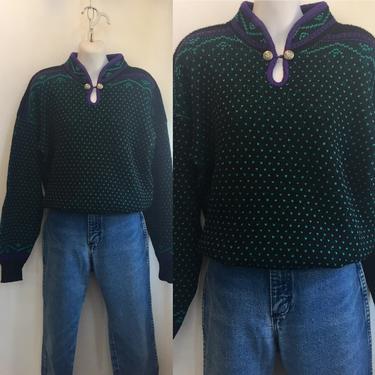Vintage 80's REI NORDIC SKI Sweater / Silver Buttons / Black Green and Purple 