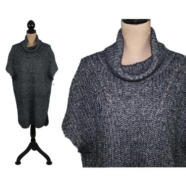 Chunky Knit Tunic Sweater Vest, Long Knitted Cowl Neck Pullover, Dark Blue Cotton Wool Blend, Winter Clothes Women Large 